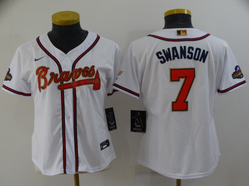 Women's Atlanta Braves #7 Dansby Swanson 2022 White Gold World Series Champions Program Cool Base Stitched Baseball Jersey