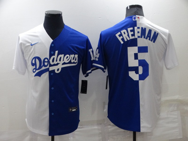 Men's Los Angeles Dodgers #5 Freddie Freeman White Blue Split Cool Base Stitched Baseball Jersey