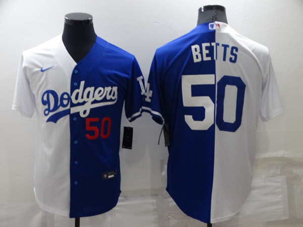 Mens Los Angeles Dodgers #50 Mookie Betts White Blue Split Cool Base Stitched Baseball Jersey