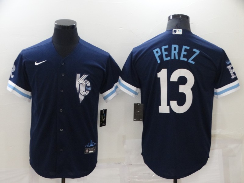 Men's Kansas City Royals #13 Salvador Perez 2022 Navy City Connect Cool Base Stitched Jersey