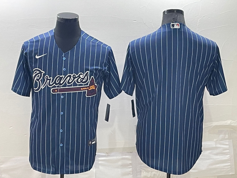 Men's Atlanta Braves Blank Navy Blue Pinstripe Stitched MLB Cool Base Nike Jersey