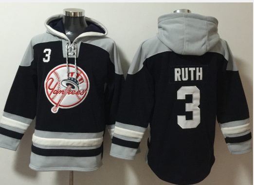 Men's New York Yankees #3 Babe Ruth Navy Blue Ageless Must Have Lace Up Pullover Hoodie