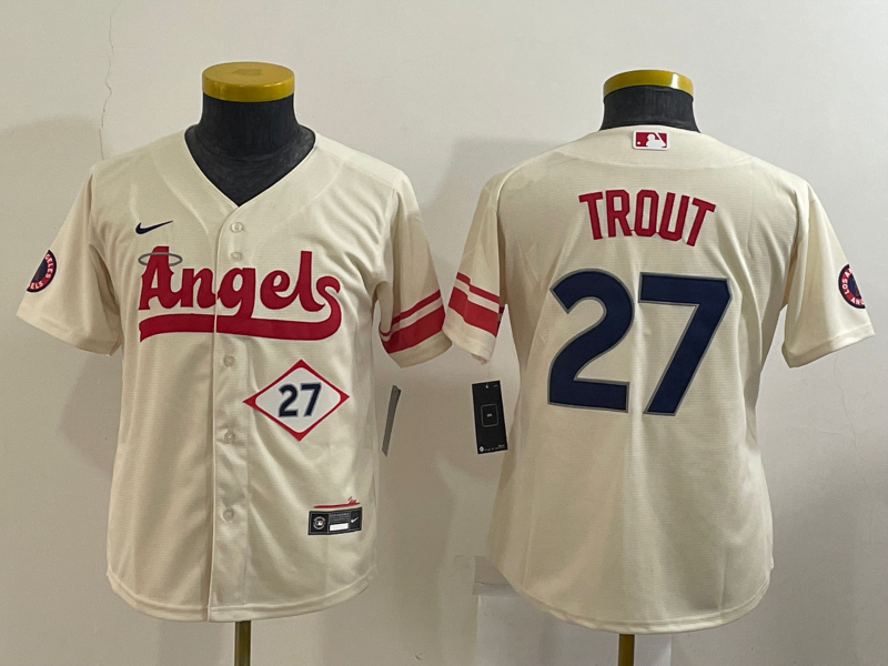 Youth Los Angeles Angels #27 Mike Trout Number Cream 2022 City Connect Cool Base Stitched Jersey