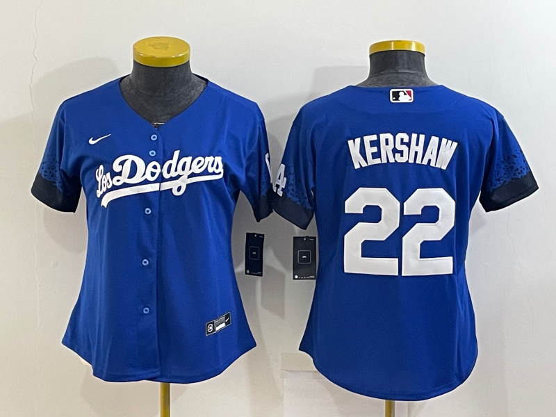 Women's Los Angeles Dodgers #22 Clayton Kershaw Blue 2021 City Connect Cool Base Stitched Jersey