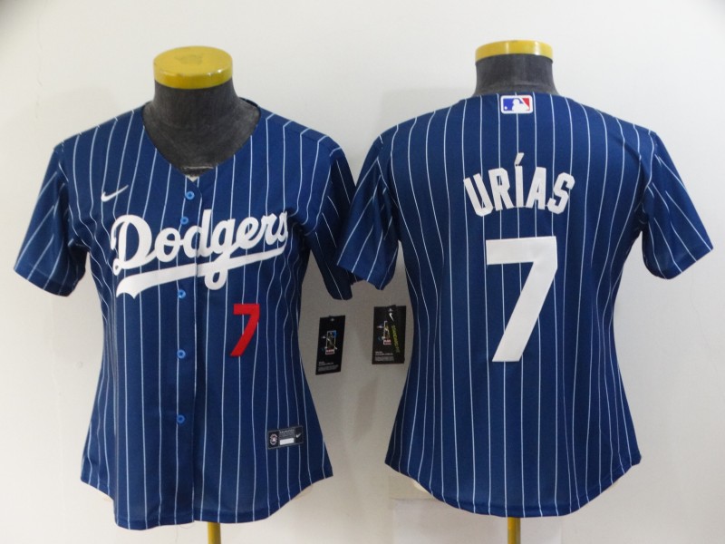 Women's Los Angeles Dodgers #7 Julio Urias Navy Blue Pinstripe Stitched MLB Cool Base Nike Jersey