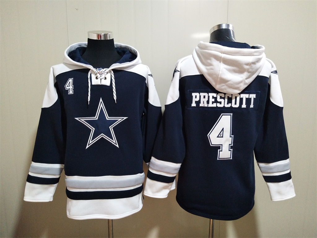 Men's Dallas Cowboys #4 Dak Prescott Navy Blue Ageless Must Have Lace Up Pullover Hoodie