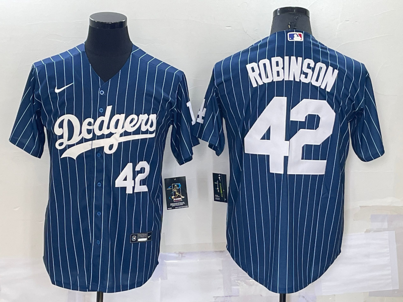 Men's Los Angeles Dodgers #42 Jackie Robinson Number Navy Blue Pinstripe Stitched MLB Cool Base Nike Jersey