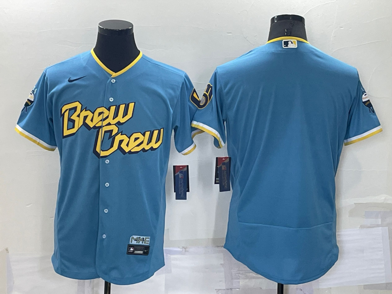 Men's Milwaukee Brewers Blank Number Blue 2022 City Connect Flex Base Stitched Jersey