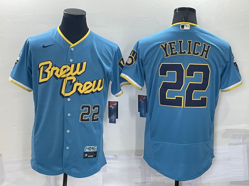 Men's Milwaukee Brewers #22 Christian Yelich Number Blue 2022 City Connect Flex Base Stitched Jersey