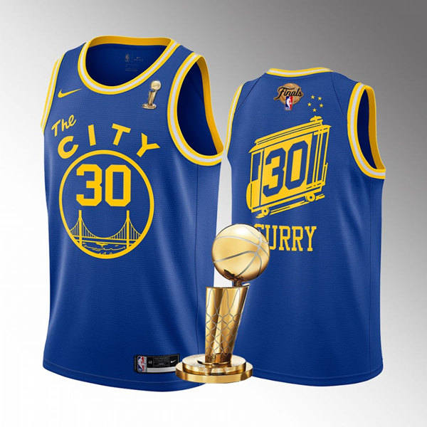 Mens Golden State Warriors #30 Stephen Curry Royal 2022 NBA Finals Champions Stitched Jersey