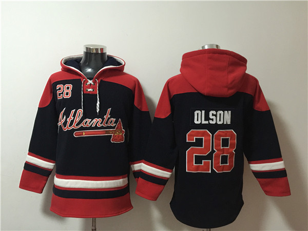 Men's Atlanta Braves #28 Matt Olson Navy Red Ageless Must-Have Lace-Up Pullover Hoodie