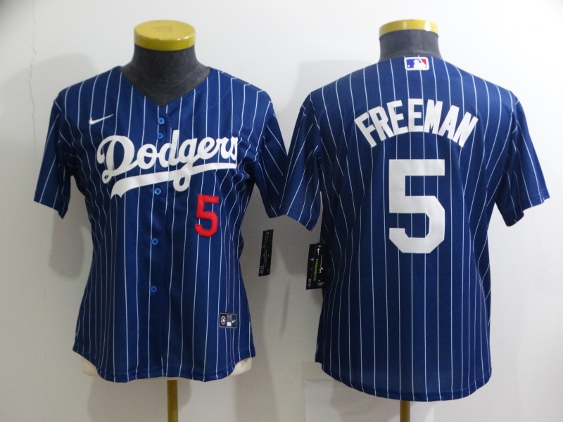 Women's Los Angeles Dodgers #5 Freddie Freeman Navy Blue Pinstripe Stitched MLB Cool Base Nike Jersey