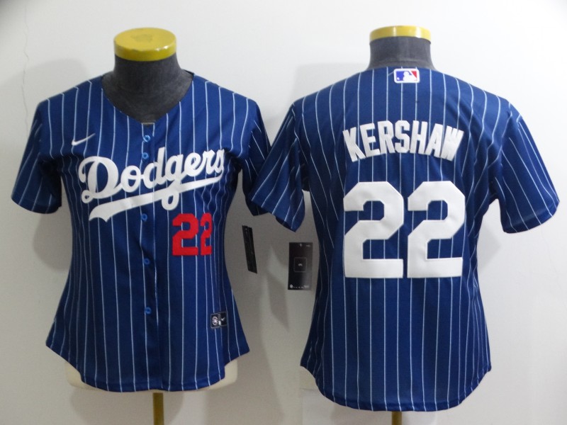 Women's Los Angeles Dodgers #22 Clayton Kershaw Navy Blue Pinstripe Stitched MLB Cool Base Nike Jersey