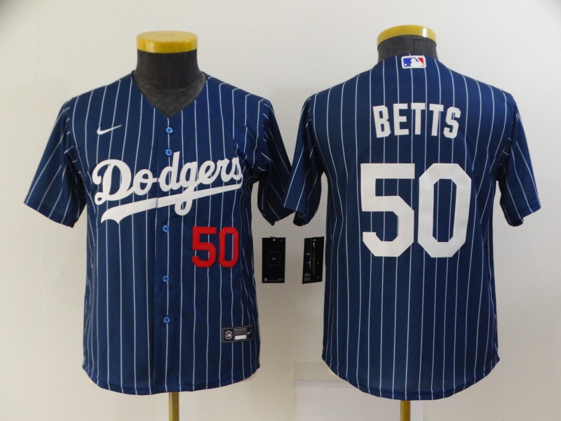 Youth Los Angeles Dodgers #50 Mookie Betts Navy Blue Pinstripe Stitched MLB Cool Base Nike Jersey