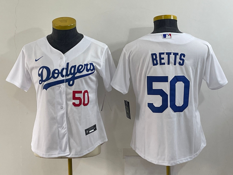 Women's Los Angeles Dodgers #50 Mookie Betts White With Red Stitched MLB Cool Base Nike Jersey