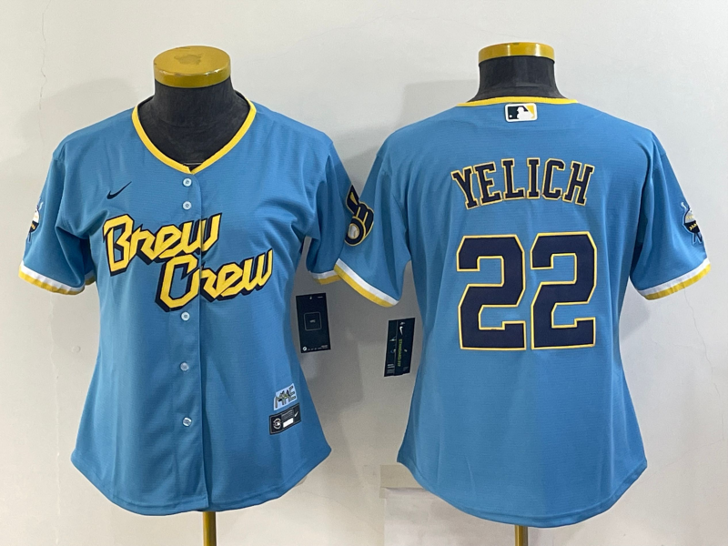 Women's Milwaukee Brewers #22 Christian Yelich Blue 2022 City Connect Cool Base Stitched Jersey