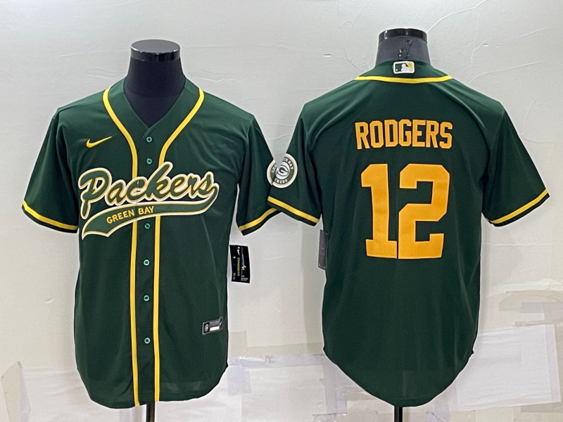 Men's Green Bay Packers #12 Aaron Rodgers Green Yellow Stitched MLB Cool Base Nike Baseball Jersey