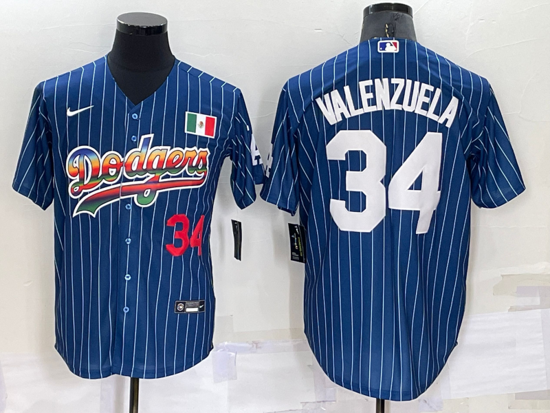 Men's Los Angeles Dodgers #34 Fernando Valenzuela Number Navy Blue Pinstripe 2020 World Series Cool Base Nike Jersey