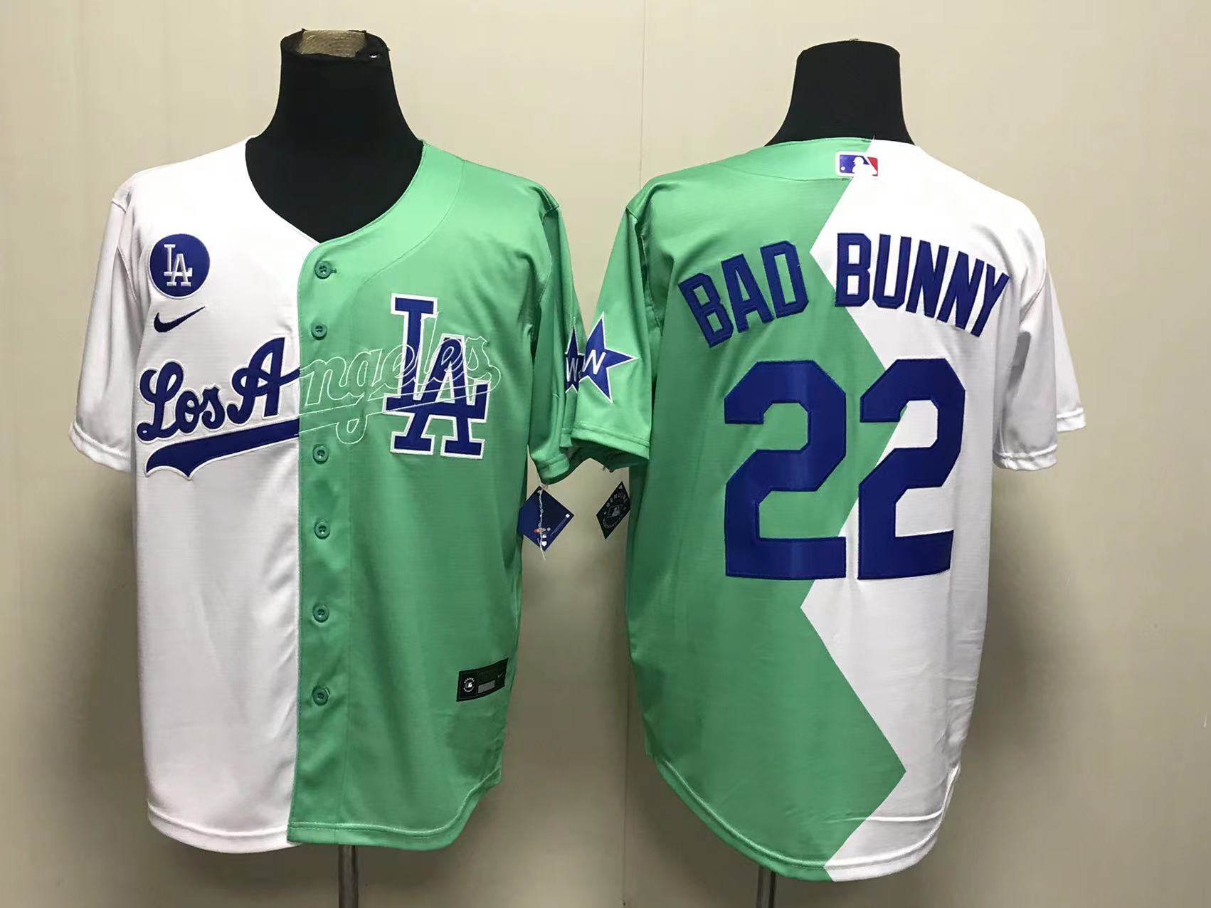 Men's Los Angeles Dodgers #22 Bad Bunny White Green 2022 Celebrity Softball Game Cool Base Jersey