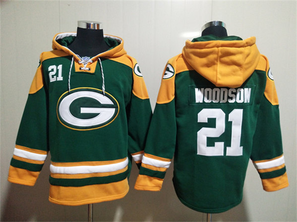 Men's Green Bay Packers #21 Charles Woodson Green Lace-Up Pullover Hoodie