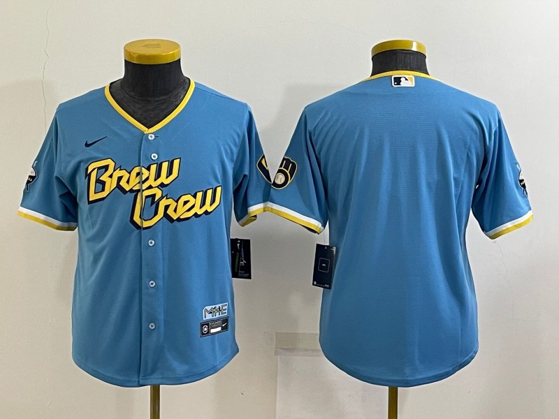 Youth Milwaukee Brewers Blank Blue 2022 City Connect Cool Base Stitched Jersey