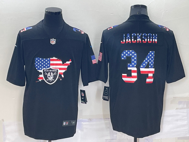 Men's Las Vegas Raiders #34 Bo Jackson 2022 USA Map Fashion Black Color Rush Stitched Nike Limited Jersey