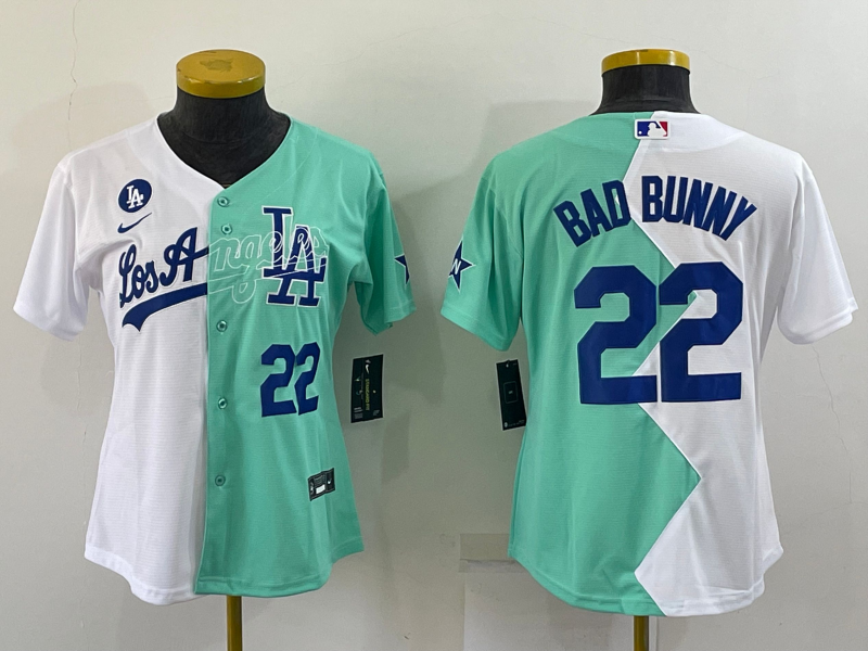 Youth Los Angeles Dodgers #22 Bad Bunny White Green Two Tone 2022 Celebrity Softball Game Cool Base Jersey1