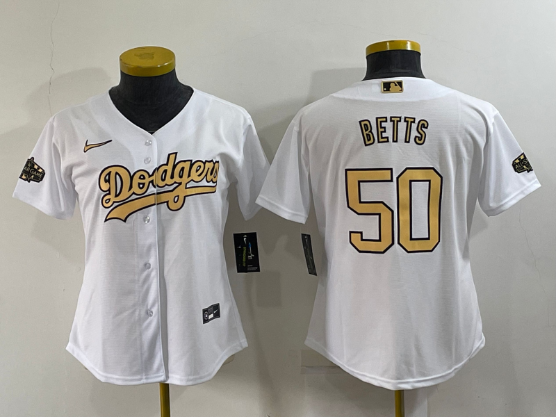 Women's Los Angeles Dodgers #50 Mookie Betts White 2022 All Star Stitched Cool Base Nike Jersey