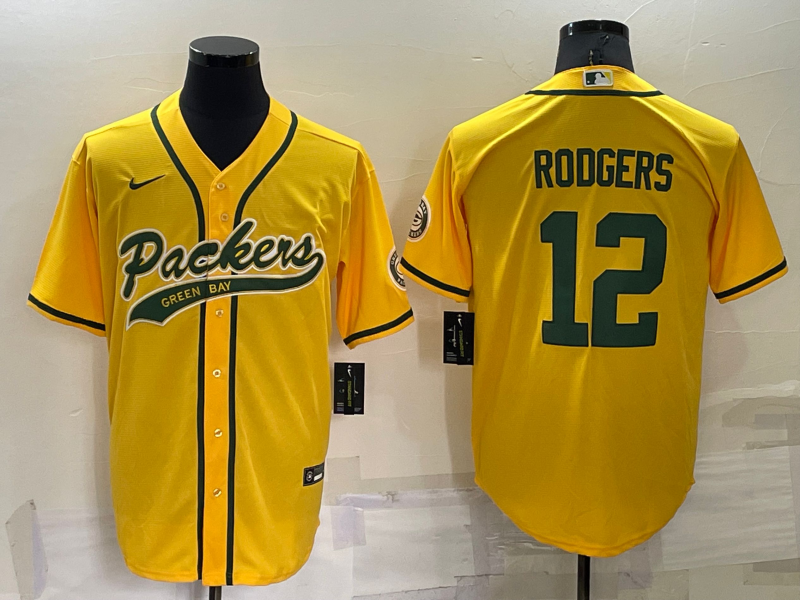 Men's Green Bay Packers #12 Aaron Rodgers Yellow Stitched MLB Cool Base Nike Baseball Jersey