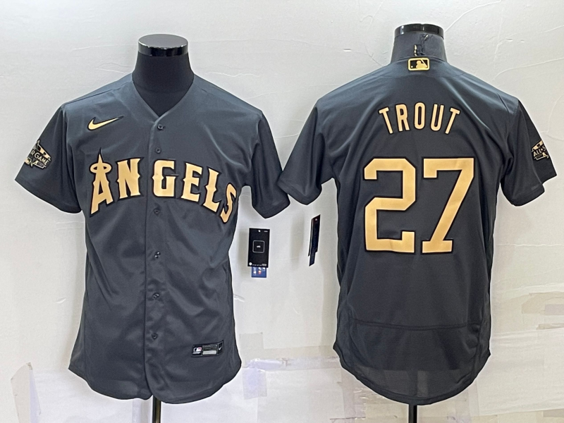 Men's Los Angeles Angels #27 Mike Trout Grey 2022 All Star Stitched Flex Base Nike Jersey