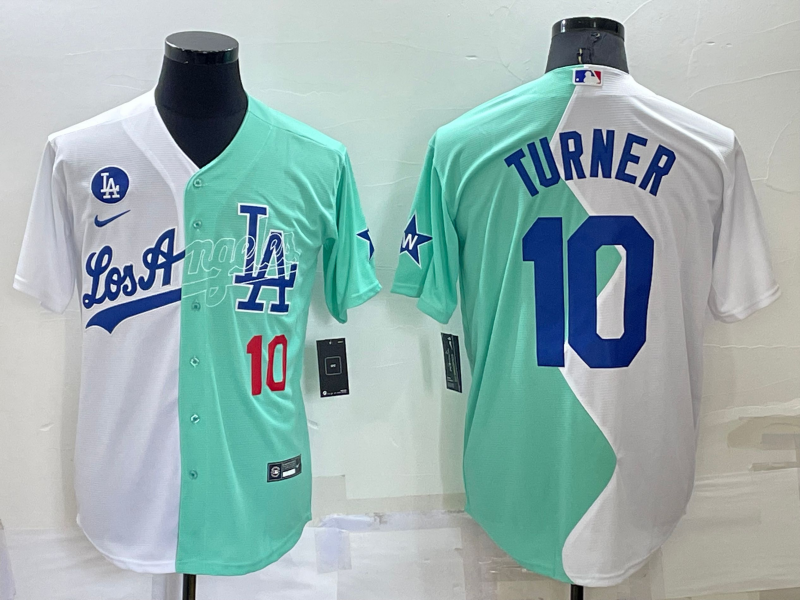 Men's Los Angeles Dodgers #10 Justin Turner White Green Number 2022 Celebrity Softball Game Cool Base Jersey1