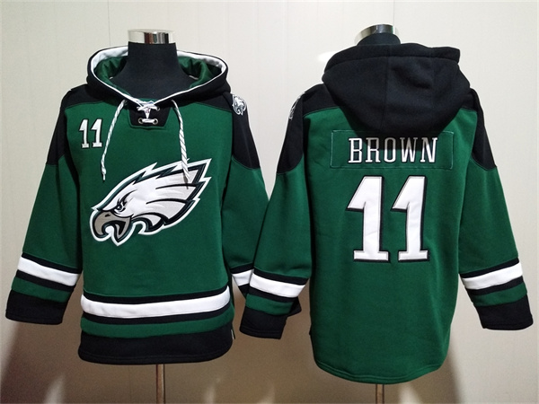 Men's Philadelphia Eagles #11 A. J. Brown Green Lace-Up Pullover Hoodie