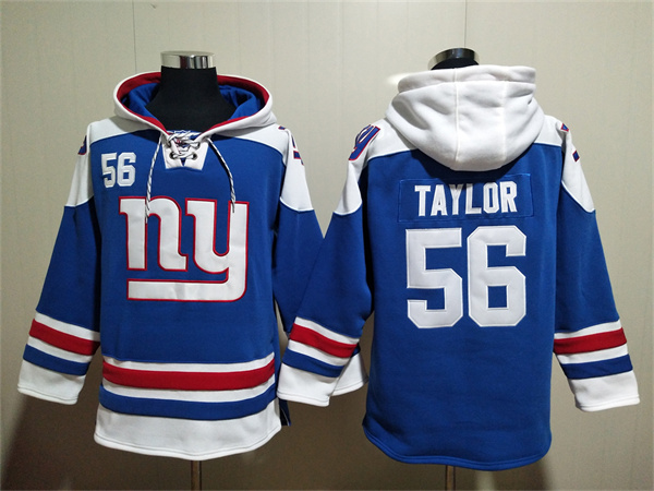 Men's New York Giants #56 Lawrence Taylor Blue Lace-Up Pullover Hoodie