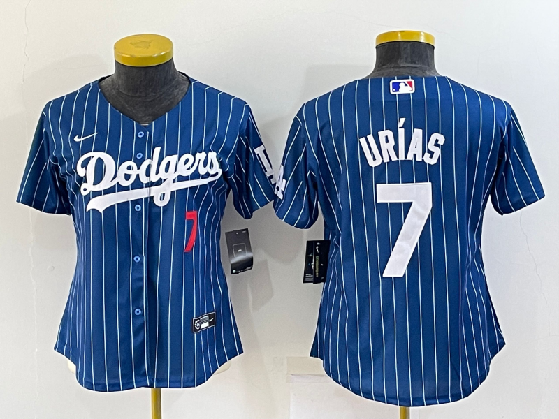 Women's Los Angeles Dodgers #7 Julio Urias Number Navy Blue Pinstripe Stitched MLB Cool Base Nike Jersey