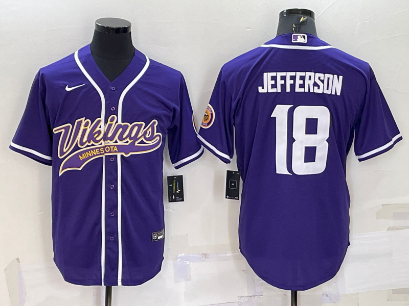 Men's Minnesota Vikings #18 Justin Jefferson Purple With Patch Cool Base Stitched Baseball Jersey