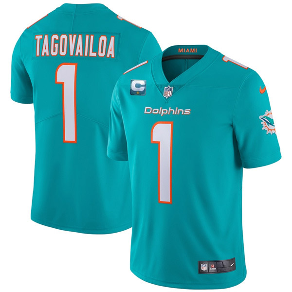 Men's Miami Dolphins 2022 #1 Tua Tagovailoa Aqua With 1-star C Patch Vapor Limited Stitched NFL Jersey