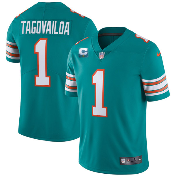 Men's Miami Dolphins 2022 #1 Tua Tagovailoa Aqua With 1-star C Patch Stitched Jersey