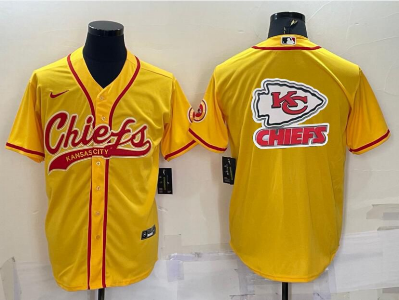 Men's Kansas City Chiefs Gold Team Big Logo With Patch Cool Base Stitched Baseball Jersey