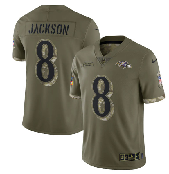 Men's Baltimore Ravens #8 Lamar Jackson 2022 Olive Salute To Service Limited Stitched Jersey