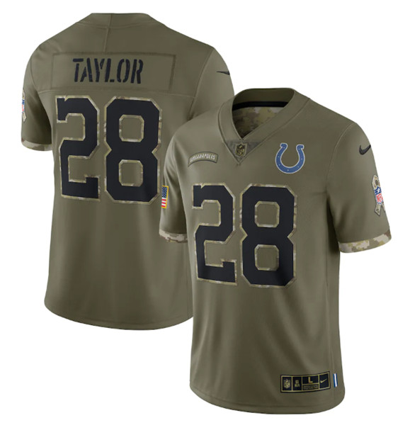 Men's Indianapolis Colts #28 Jonathan Taylor 2022 Olive Salute To Service Limited Stitched Jersey