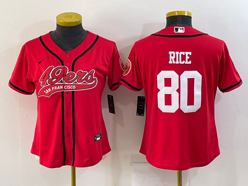 Women's San Francisco 49ers #80 Jerry Rice Red With Patch Cool Base Stitched Baseball Jersey