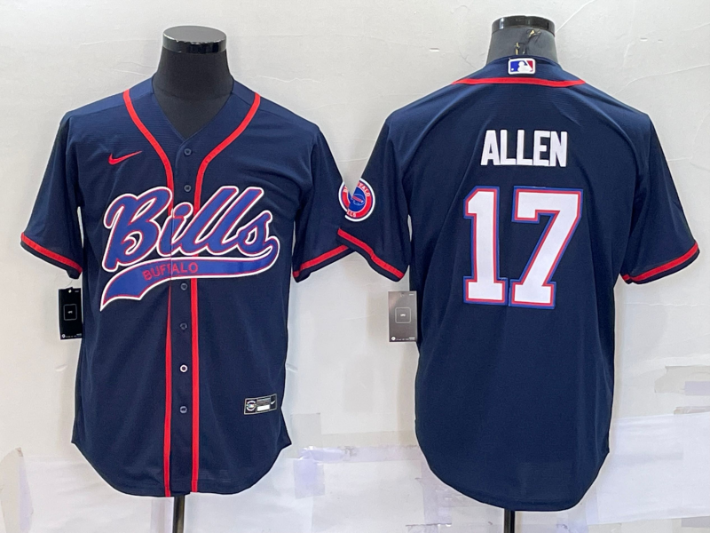 Men's Buffalo Bills #17 Josh Allen Navy With Patch Cool Base Stitched Baseball Jersey