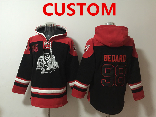 Men's Chicago Blackhawks Custom Black Lace-Up Pullover Hoodie