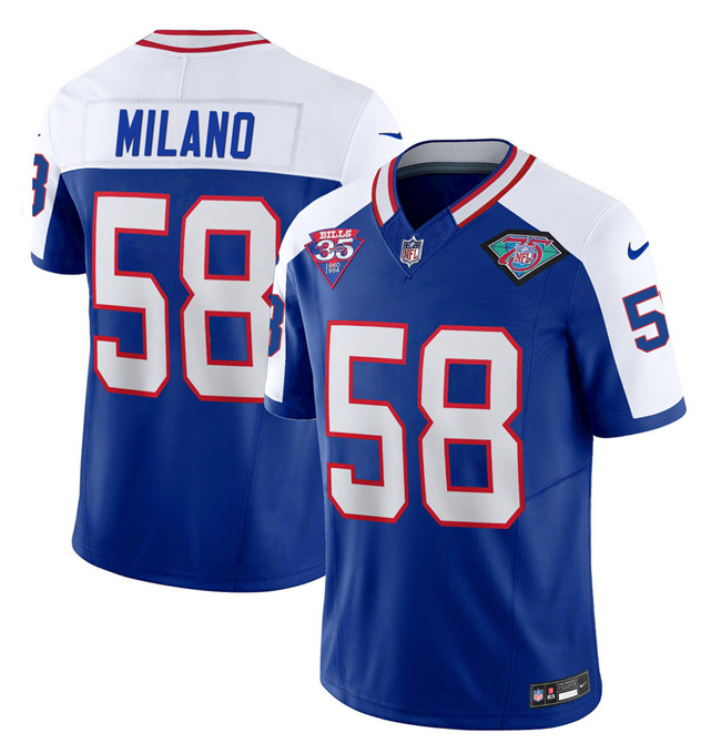 Men's Buffalo Bills #58 Matt Milano Blue White 2023 F.U.S.E. 75th Anniversary Throwback Vapor Untouchable Limited Football Stitched Jersey