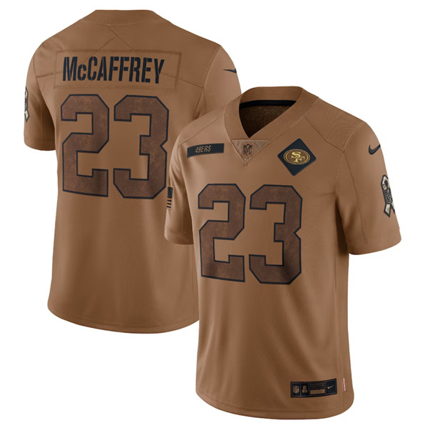 Men's San Francisco 49ers #23 Christian McCaffrey 2023 Brown Salute To Service Limited Football Stitched Jersey