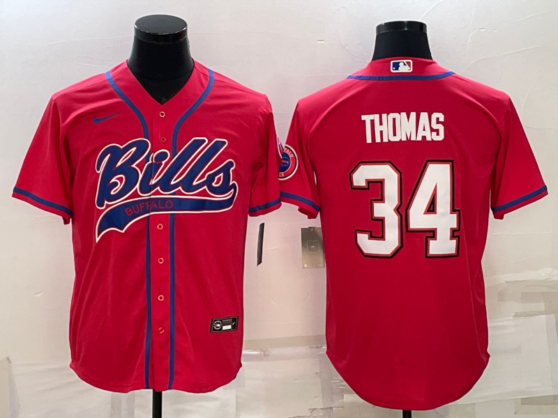 Men's Buffalo Bills #34 Thurman Thomas Red With Patch Cool Base Stitched Baseball Jersey