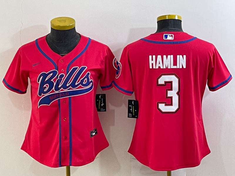 Women's Buffalo Bills #3 Damar Hamlin Red With Patch Cool Base Stitched Baseball Jersey