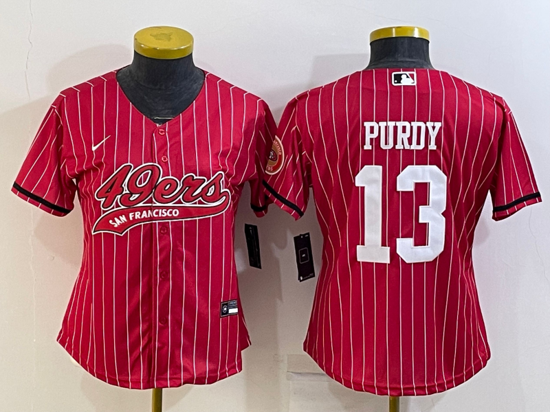 Women's San Francisco 49ers #13 Brock Purdy Red Pinstripe With Patch Cool Base Stitched Baseball Jersey