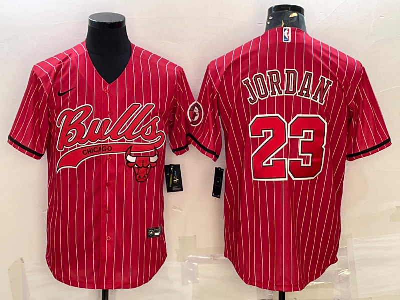 Men's Chicago Bulls #23 Michael Jordan Red Pinstripe With Patch Cool Base Stitched Baseball Jersey