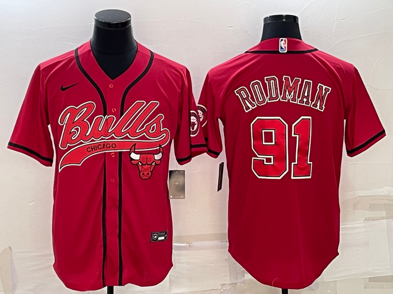 Men's Chicago Bulls #91 Dennis Rodman Red With Patch Cool Base Stitched Baseball Jersey